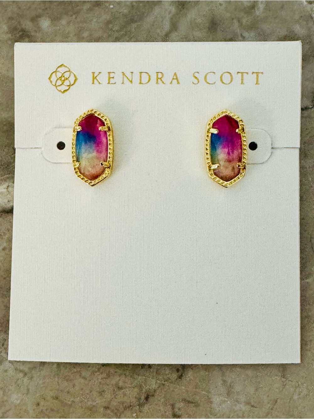 Kendra Scott Earrings — Gold Iridescent Pink Blue Watercolor Oval Studs - Picture 5 of 5